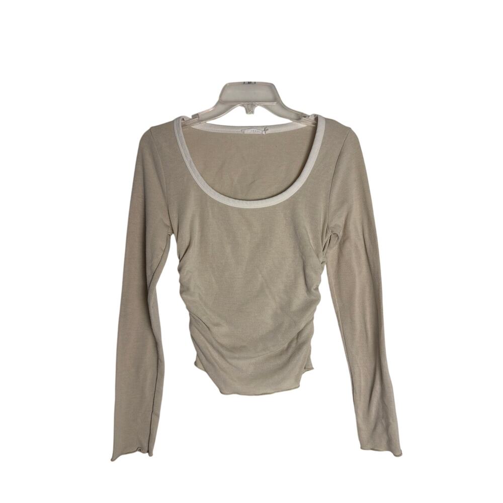LUSH Women's Beige Ribbed Knit Long Sleeve Top with Side Ruching